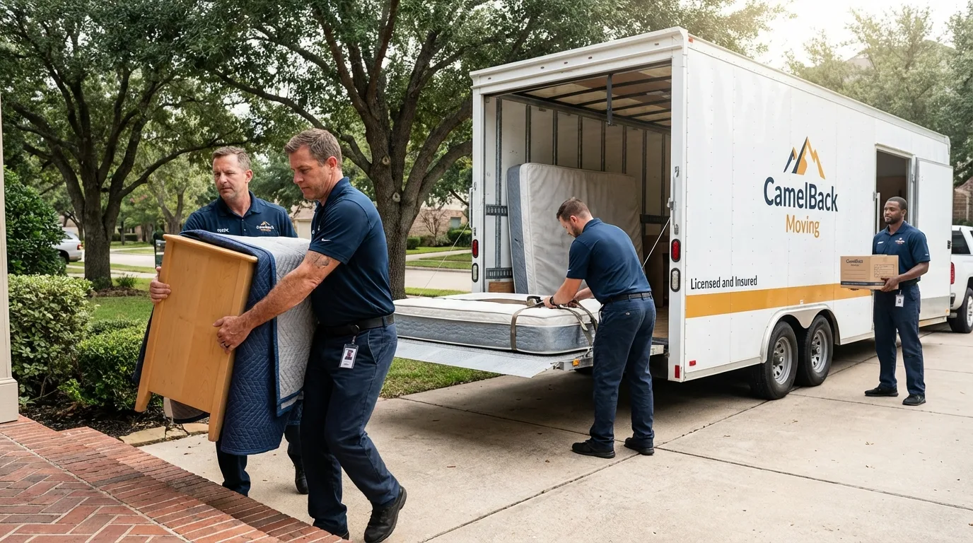Crew loading residential truck for cross-state move from La Porte, TX