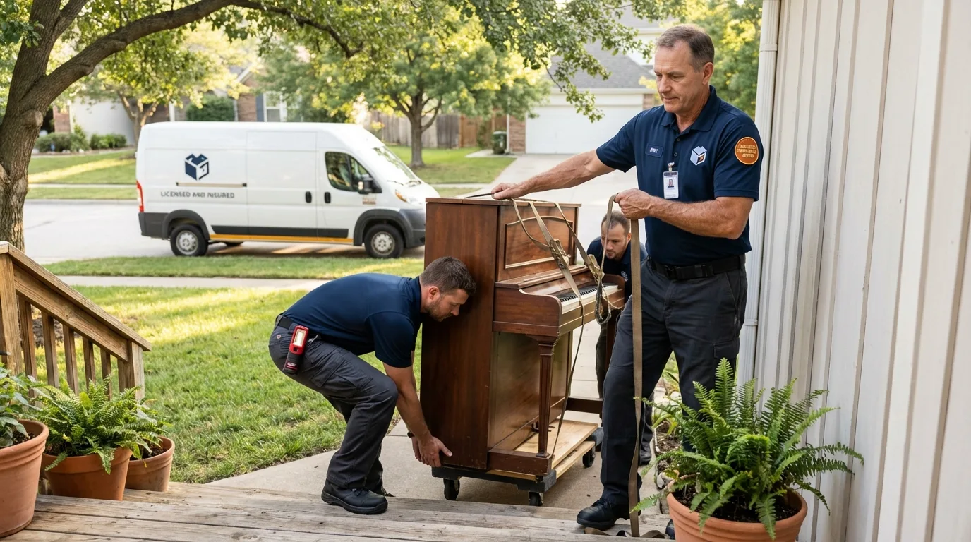 Licensed piano movers securing grand piano in La Porte, TX