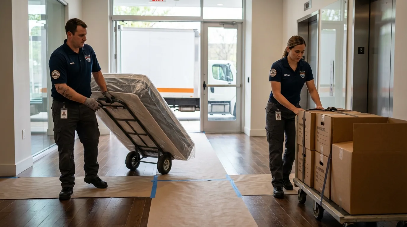 Professional apartment movers loading elevator in La Porte, TX