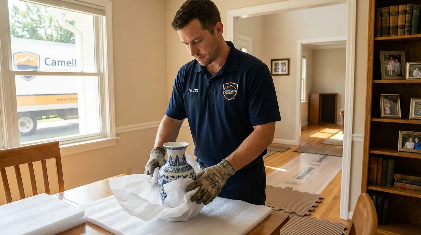 Professional crew carefully wrapping antique vase for senior downsizing move in La Porte, TX